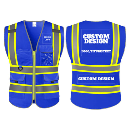 Custom Safety Vest with LOGO High Visibility Reflective with 5 Pockets ＆ Zipper Class 2 Adult Unisex Construction Workwear