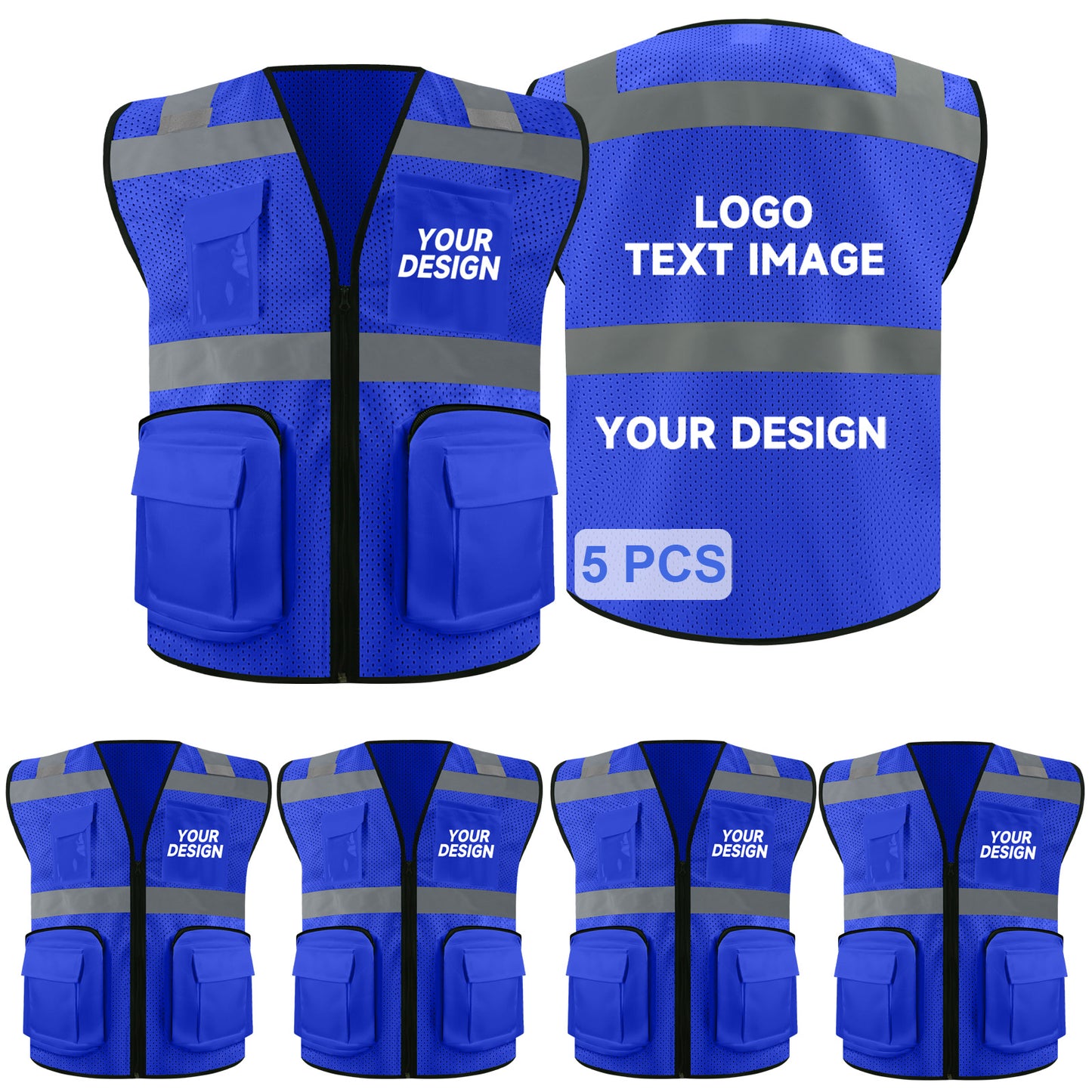 Safety Vest Custom LOGO 2" Reflective Strips with 7 Pockets & Zipper Personalize Reflective High Visibility Vest Class 2 Outdoor Workwear