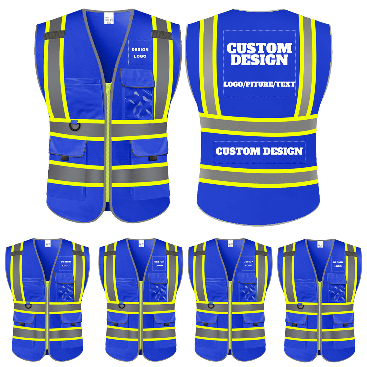 Custom Safety Vest with LOGO High Visibility Reflective with 5 Pockets ＆ Zipper Class 2 Adult Unisex Construction Workwear