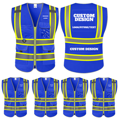Custom Safety Vest with LOGO High Visibility Reflective with 5 Pockets ＆ Zipper Class 2 Adult Unisex Construction Workwear