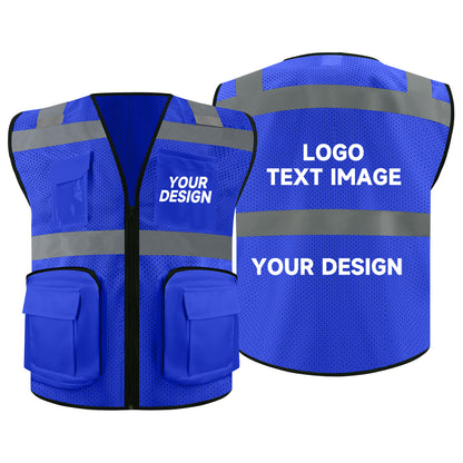 Safety Vest Custom LOGO 2" Reflective Strips with 7 Pockets & Zipper Personalize Reflective High Visibility Vest Class 2 Outdoor Workwear