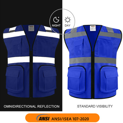 Safety Vest Custom LOGO 2" Reflective Strips with 7 Pockets & Zipper Personalize Reflective High Visibility Vest Class 2 Outdoor Workwear