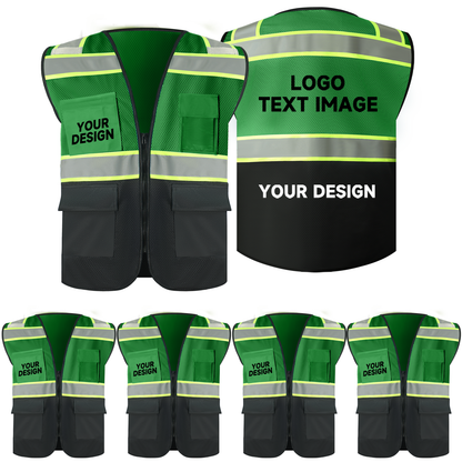 5 bulk green mesh safety vest with logo zipper closure black hi vis vests with pockets size S M L XL 2XL 3XL 4XL