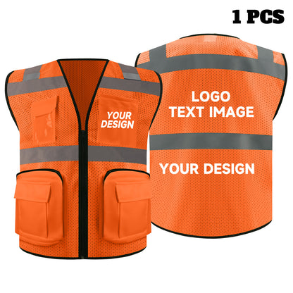 Safety Vest Custom LOGO 2" Reflective Strips with 7 Pockets & Zipper Personalize Reflective High Visibility Vest Class 2 Outdoor Workwear