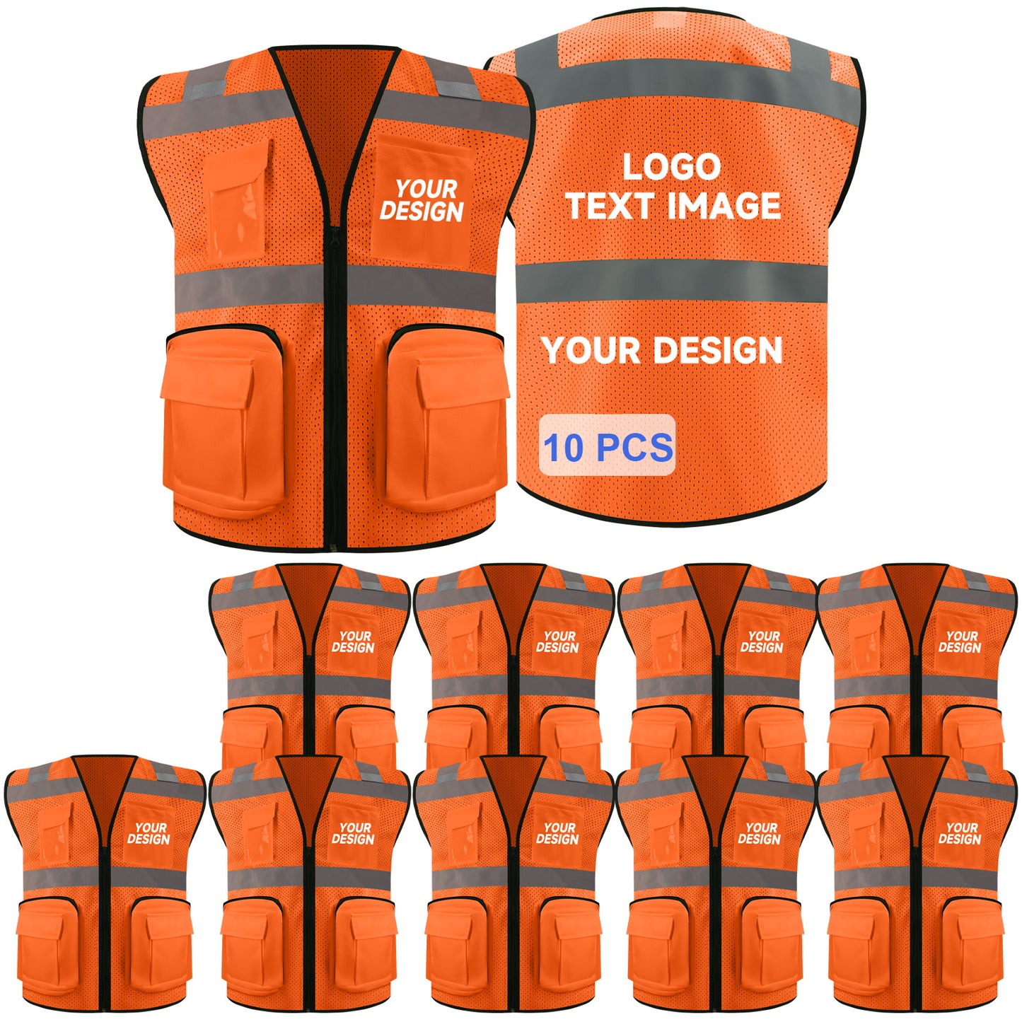 Safety Vest Custom LOGO 2" Reflective Strips with 7 Pockets & Zipper Personalize Reflective High Visibility Vest Class 2 Outdoor Workwear