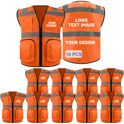Safety Vest Custom LOGO 2" Reflective Strips with 7 Pockets & Zipper Personalize Reflective High Visibility Vest Class 2 Outdoor Workwear