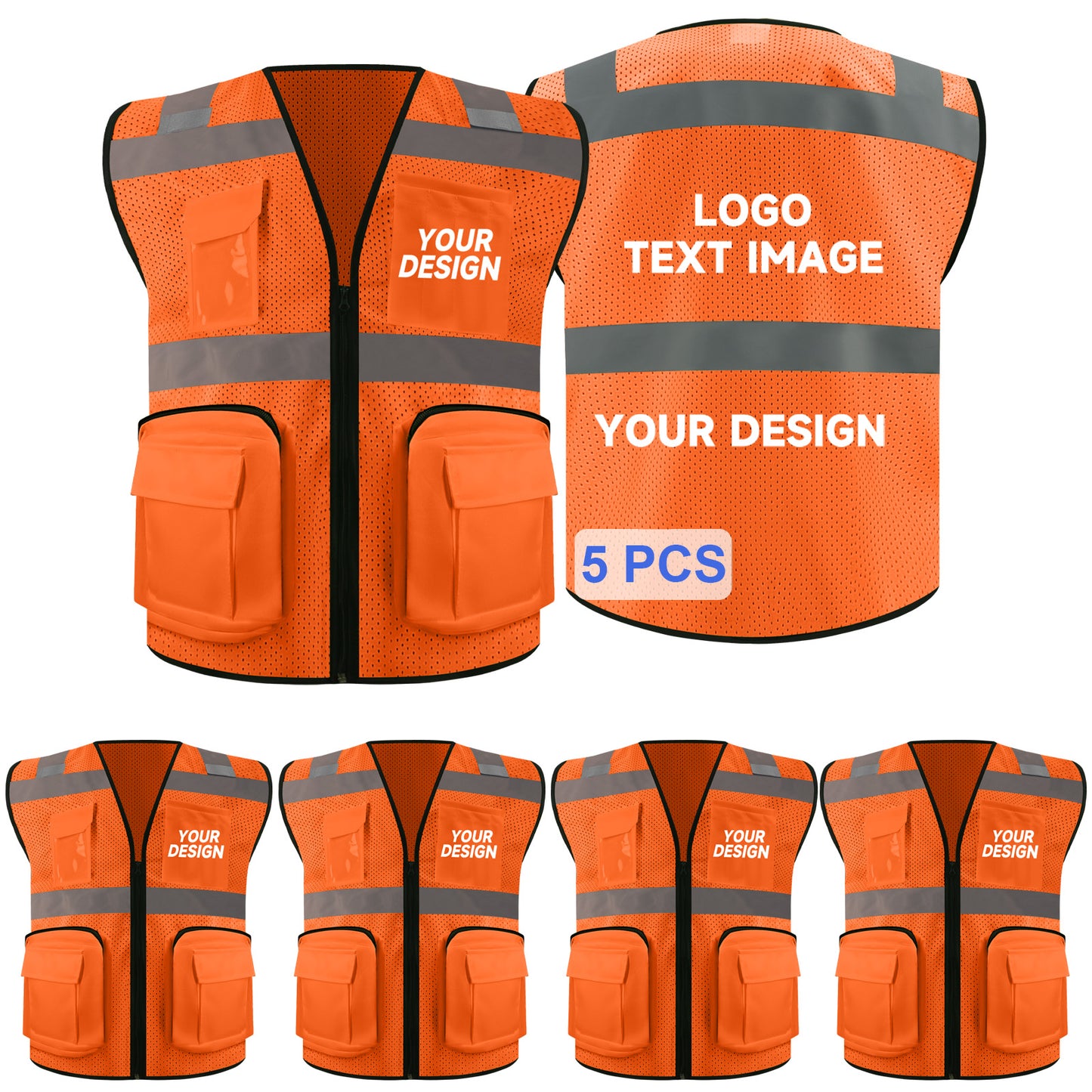 Safety Vest Custom LOGO 2" Reflective Strips with 7 Pockets & Zipper Personalize Reflective High Visibility Vest Class 2 Outdoor Workwear