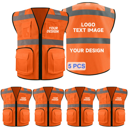 Safety Vest Custom LOGO 2" Reflective Strips with 7 Pockets & Zipper Personalize Reflective High Visibility Vest Class 2 Outdoor Workwear