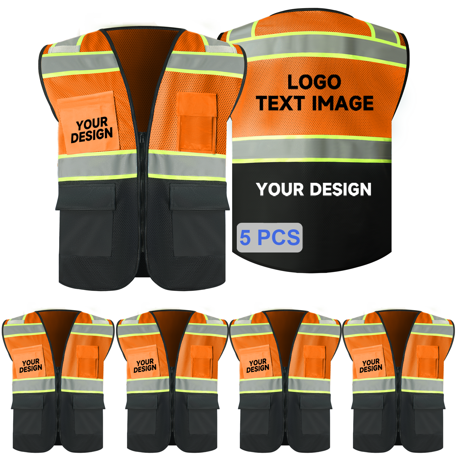 bulk orange mesh safety vest with logo zipper closure black hi vis vests with pockets size S M L XL 2XL 3XL 4XL