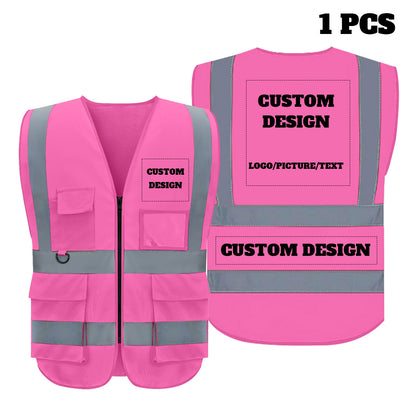 Chaleco de seguridad personalizado con logotipo personalizado, chaleco reflectante de alta visibilidad de clase 2 con 5 bolsillos y cremallera, ropa de trabajo para construcción.