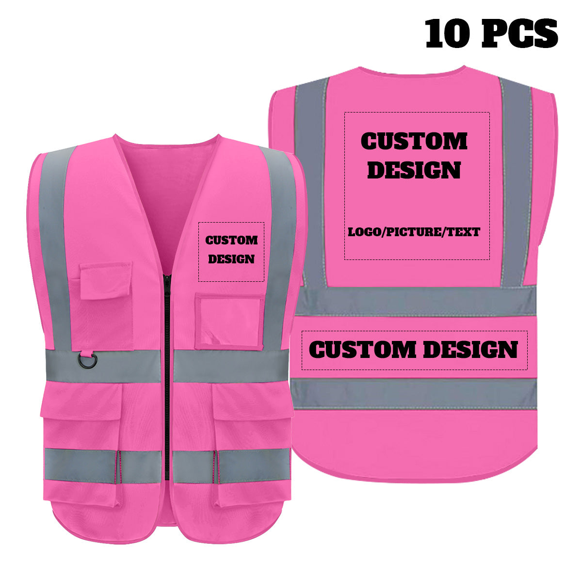 Chaleco de seguridad personalizado con logotipo personalizado, chaleco reflectante de alta visibilidad de clase 2 con 5 bolsillos y cremallera, ropa de trabajo para construcción.