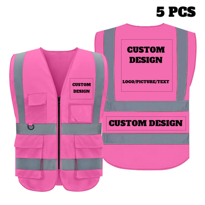 Chaleco de seguridad personalizado con logotipo personalizado, chaleco reflectante de alta visibilidad de clase 2 con 5 bolsillos y cremallera, ropa de trabajo para construcción.
