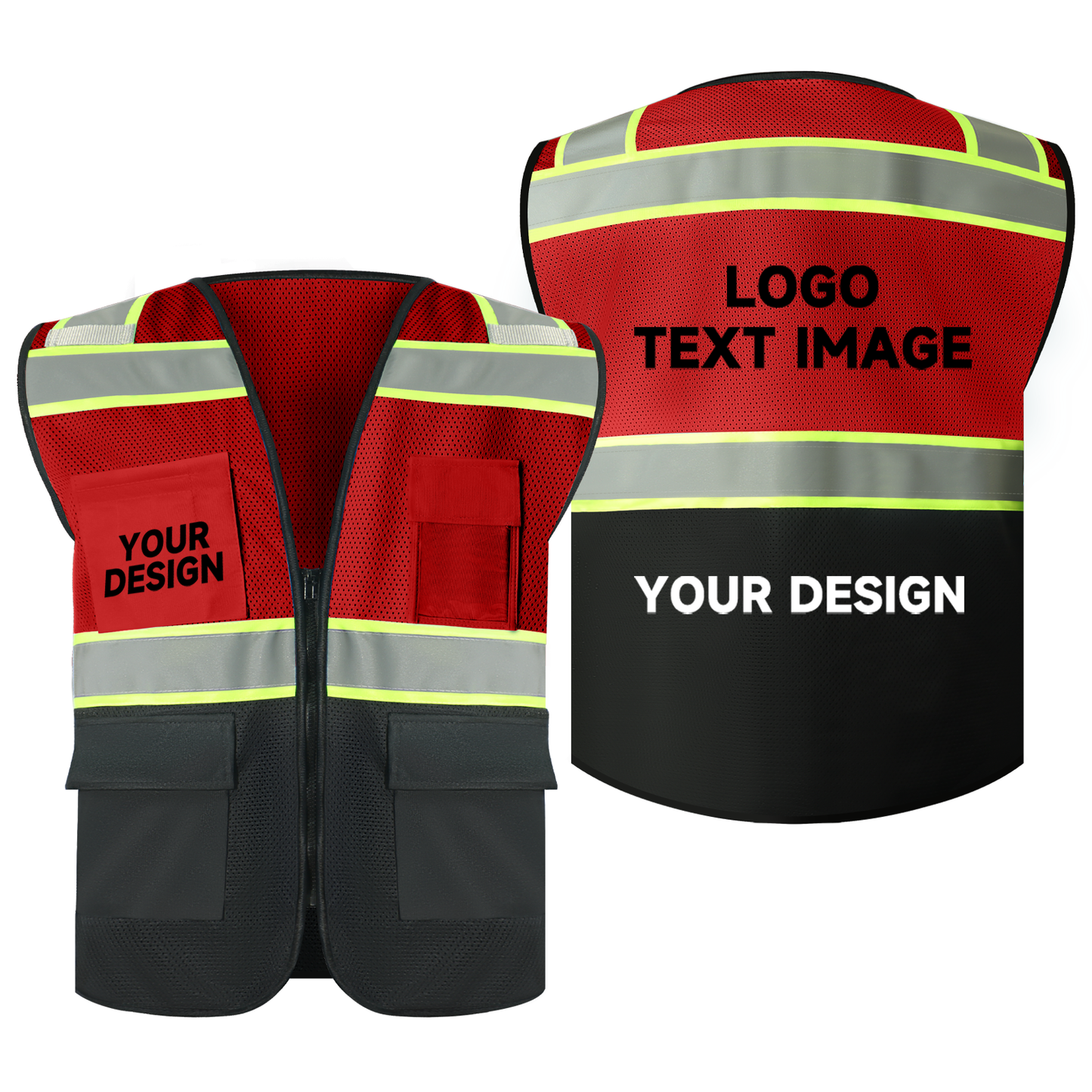 red mesh safety vest with logo zipper closure black hi vis vests with pockets size S M L XL 2XL 3XL 4XL