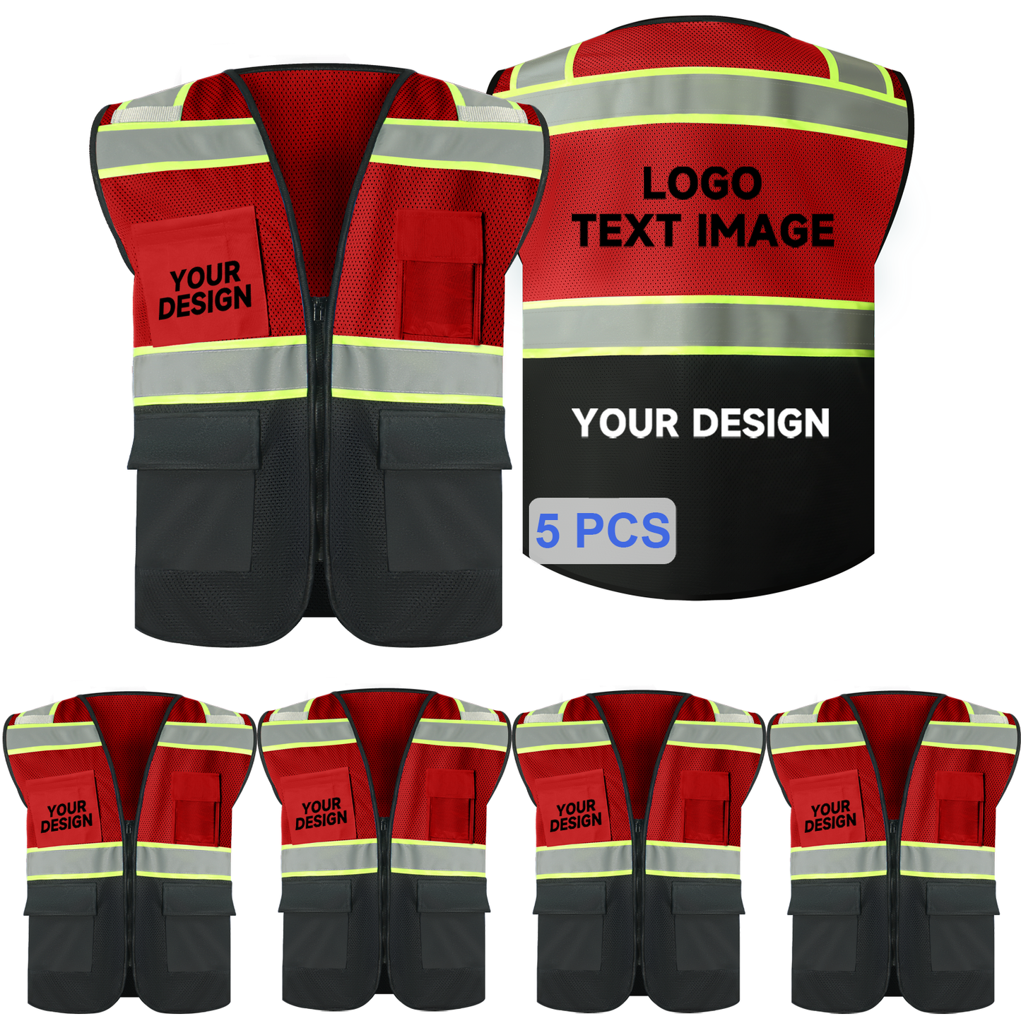 5 bulk red mesh safety vest with logo zipper closure black hi vis vests with pockets size S M L XL 2XL 3XL 4XL