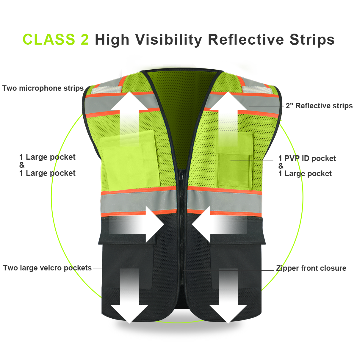 Mesh Safety Vest Customize LOGO with 6 Pockets & Zipper Personalize Reflective  High Visibility Vest Class 2 Outdoor Workwear