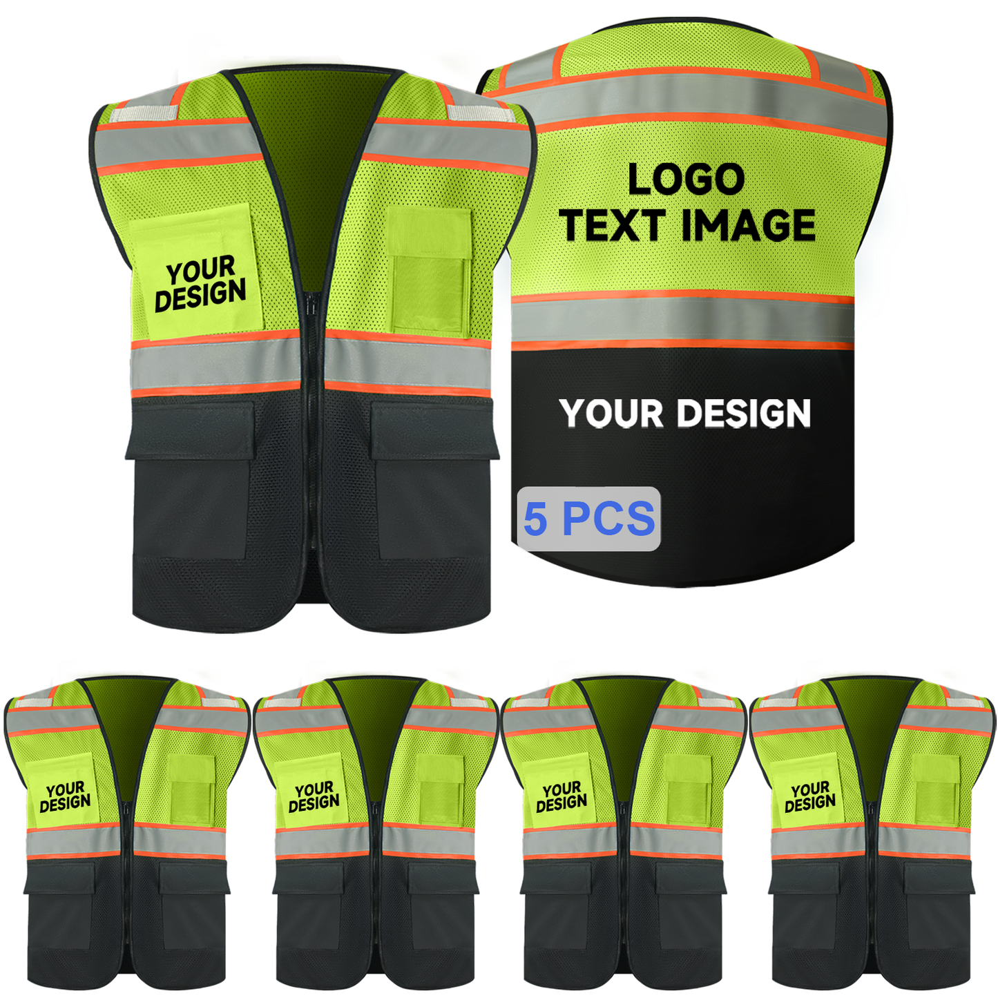 bulk yellow mesh safety vest with logo zipper closure black hi vis vests with pockets size S M L XL 2XL 3XL 4XL